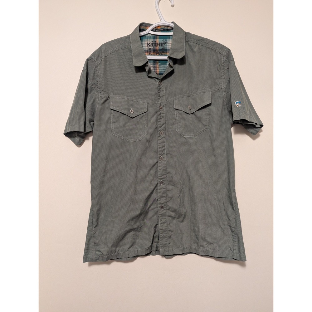 Kuhl Eluxur Green‎ Pattern Metal Button Outdoor Hiking Short Sleeve Shirt Mens M